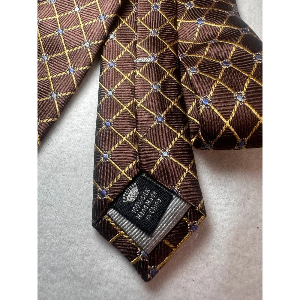 Countess Mara Mens Brown Gold‎ Silk Geometric Lattice Rope Print Necktie